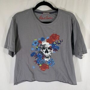 Robert Graham Shirt Womens Large Grey Short Sleeve Skull Print Crew Neck Cropped
